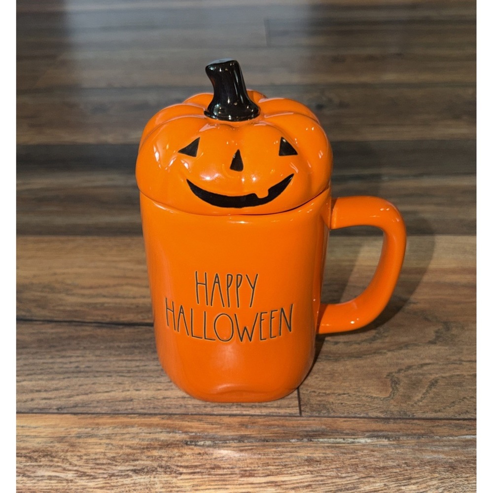 New Rae Dunn Happy Halloween Pumpkin Topper Orange Mug Jack O Lantern